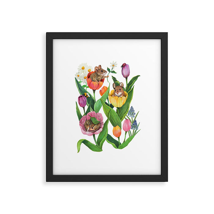 Spring Tulips with Cute Mouse - blue Framed Art Print Gallery Image 1