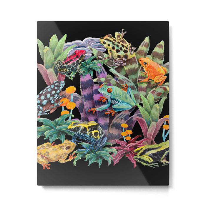 Tropical frogs and plant - black Metal Print Gallery Image 1