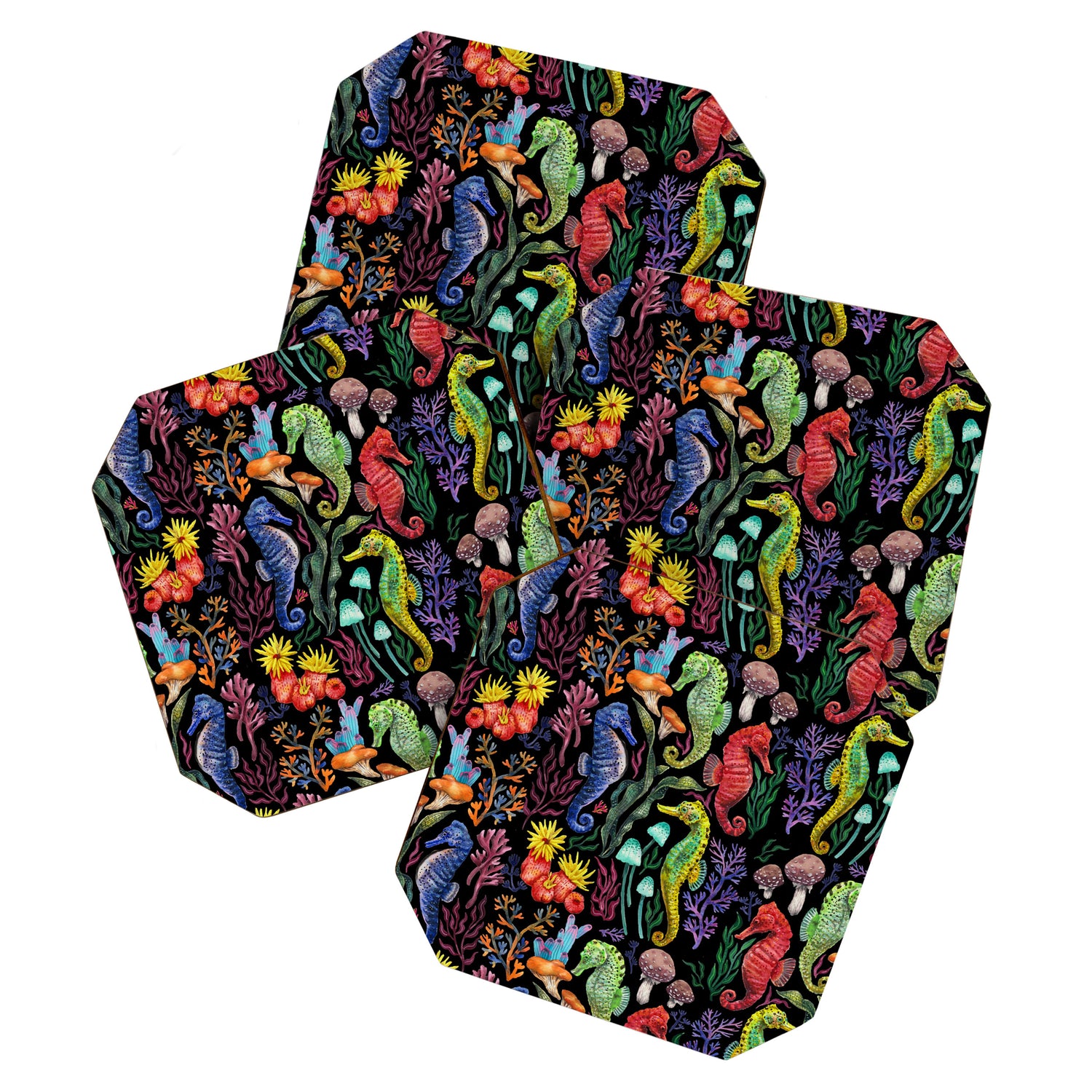 Undersea seahorsesï¼mushrooms and corals- black Coaster Gallery Image 1