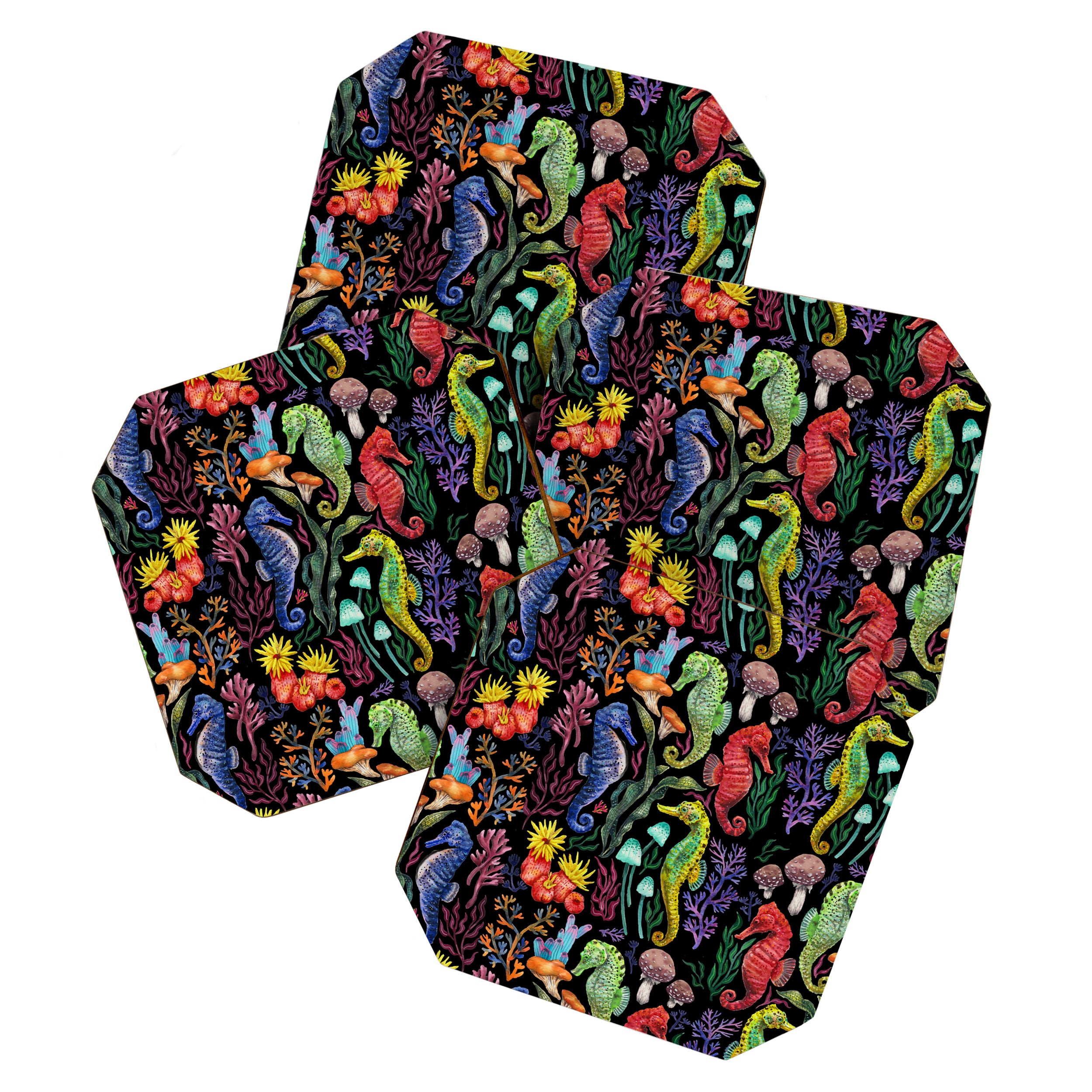 Undersea seahorsesï¼mushrooms and corals- black Coaster Gallery Image 1