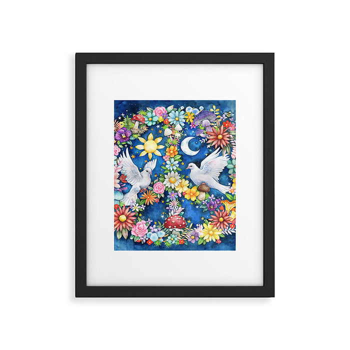 Watercolor Floral PEACE Sign illustration Framed Art Print Gallery Image 1