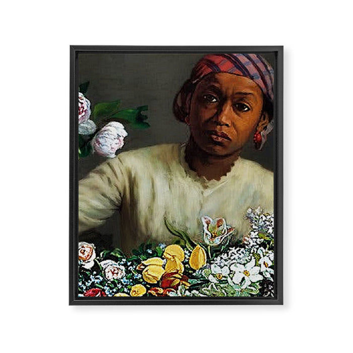 African American Masterpiece 'Young Woman with Peonies' by Frederic Bazille Framed Canvas Print Gallery Image 1