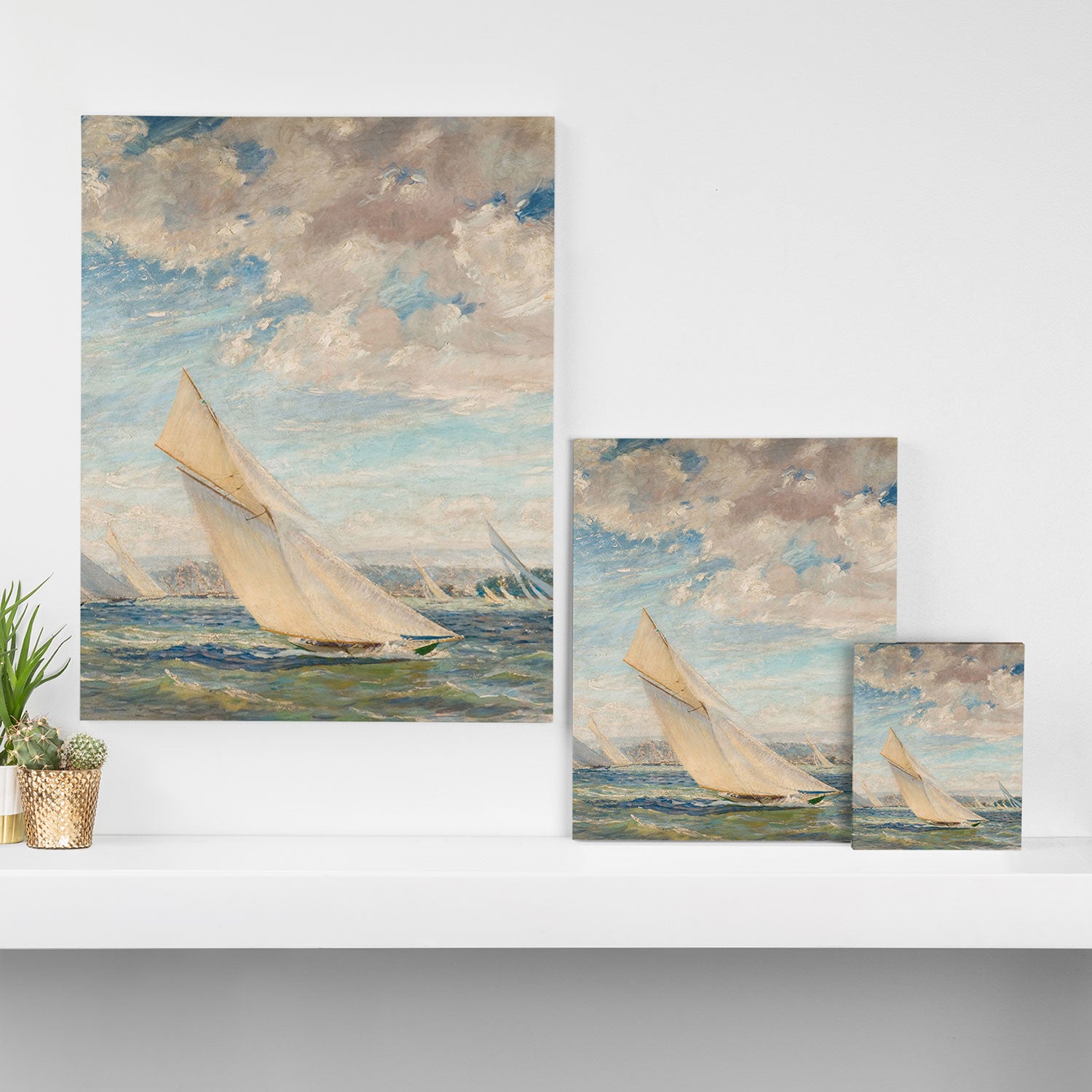 America's Cup Yacht Racing sailboats on Narragansett Bay, Newport, Rhode Island nautical maritime landscape painting by Alice Maude Taite Fanner Canvas Print Gallery Image 3