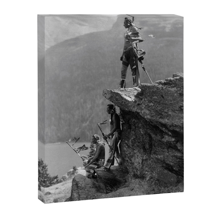 Eagle's Lookout, Blackfoot tribe members, Glacier Park, Montana, 1913 black and white photography Canvas Print Gallery Image 1