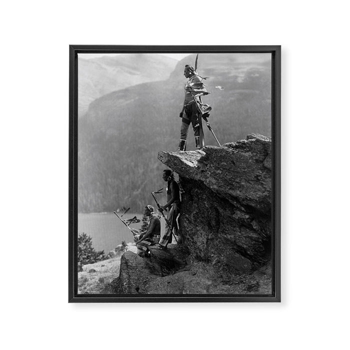Eagle's Lookout, Blackfoot tribe members, Glacier Park, Montana, 1913 black and white photography Framed Canvas Print Gallery Image 1
