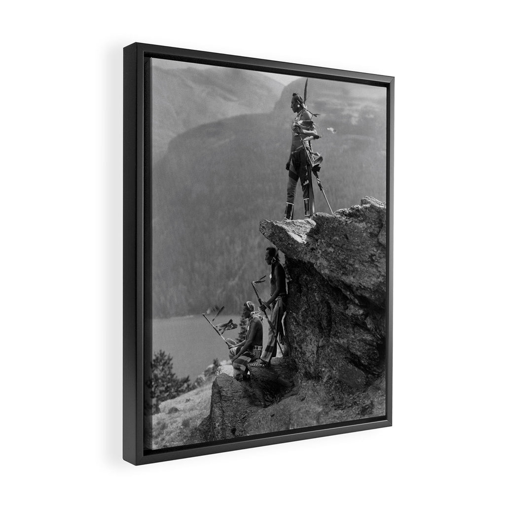 Eagle's Lookout, Blackfoot tribe members, Glacier Park, Montana, 1913 black and white photography Framed Canvas Print Gallery Image 2