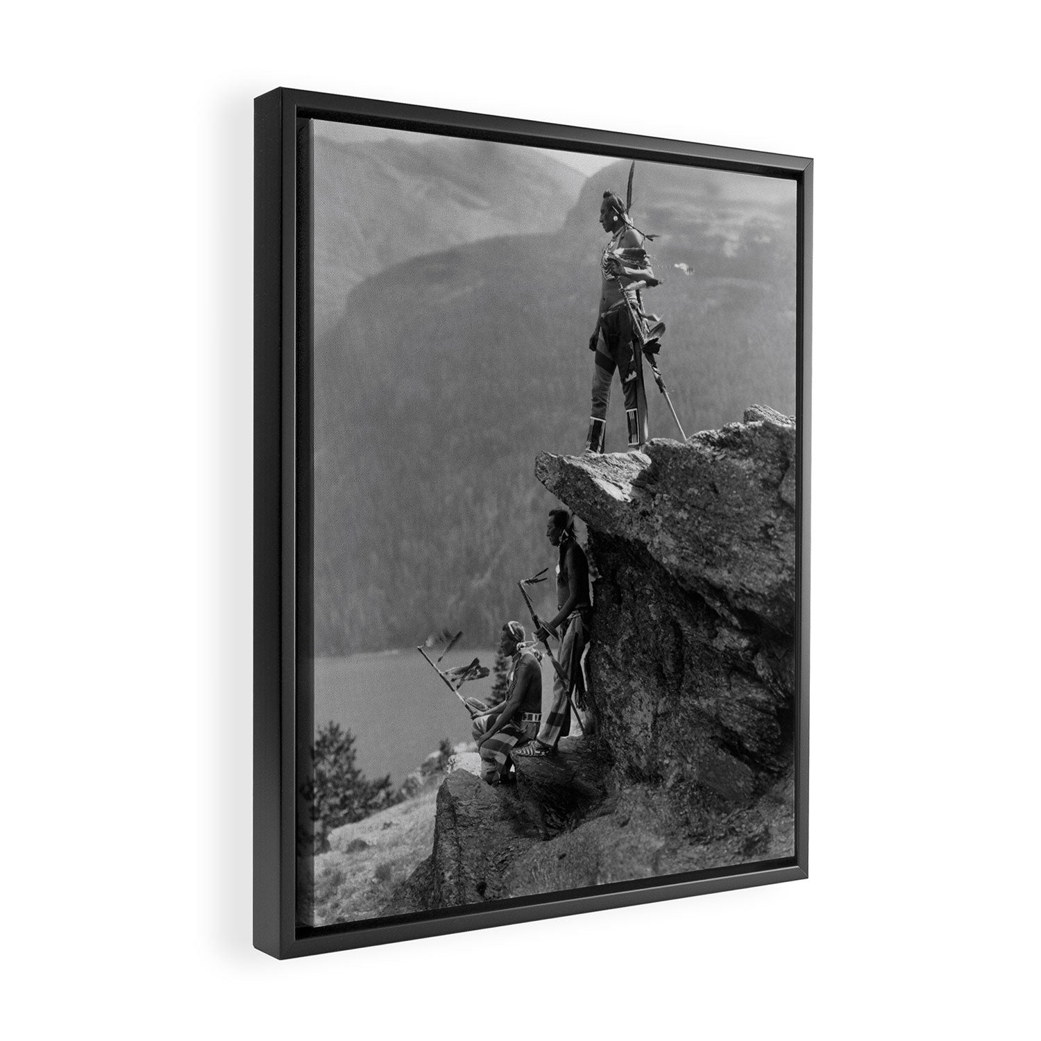 Eagle's Lookout, Blackfoot tribe members, Glacier Park, Montana, 1913 black and white photography Framed Canvas Print Gallery Image 2