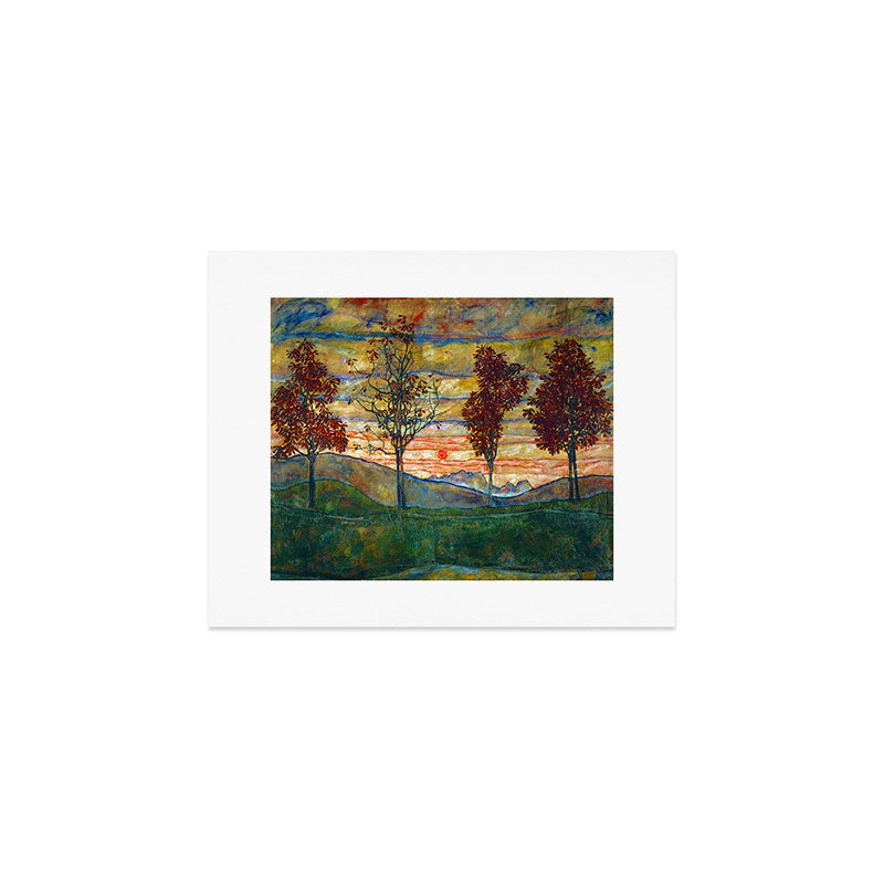 Four Trees with Red Leaves at Sunrise landscape painting by Egon Schiele Art Print Gallery Image 1