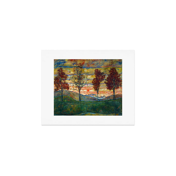 Four Trees with Red Leaves at Sunrise landscape painting by Egon Schiele Art Print Gallery Image 1