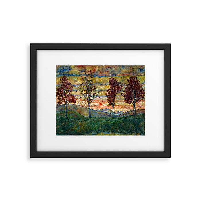 Four Trees with Red Leaves at Sunrise landscape painting by Egon Schiele Framed Art Print Gallery Image 1