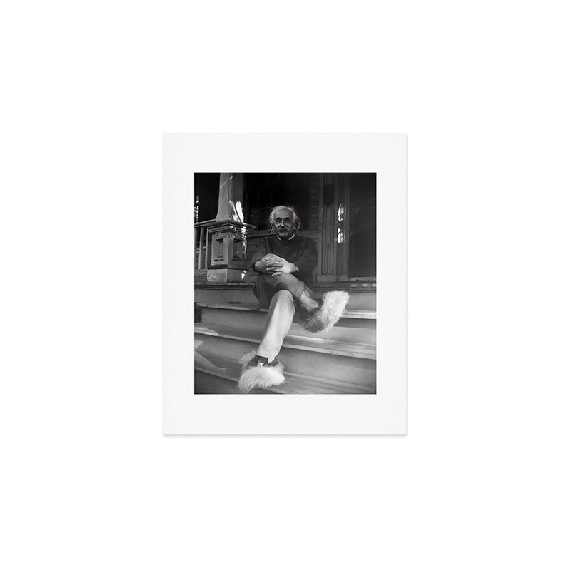 Funny Einstein in Fuzzy Slippers Classic Black and White Satirical Photography - Photographs Art Print Gallery Image 1