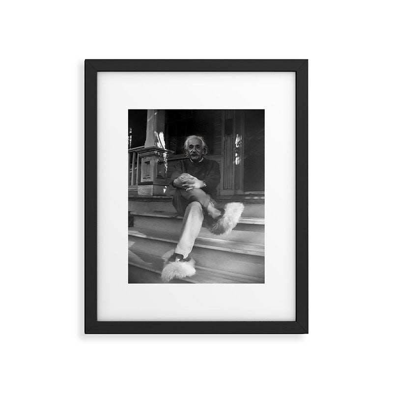 Funny Einstein in Fuzzy Slippers Classic Black and White Satirical Photography - Photographs Framed Art Print Gallery Image 4