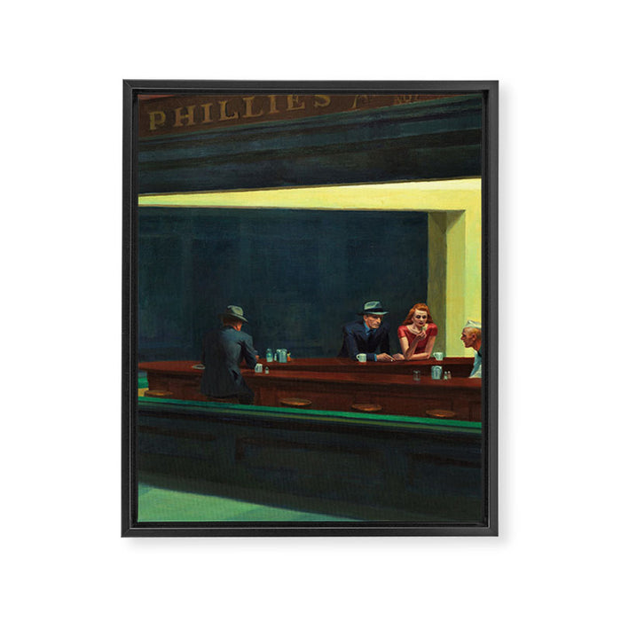 NIGHTHAWKS downtown diner late at night iconic cityscape oil on canvas painting by Edward Hopper Framed Canvas Print Gallery Image 1