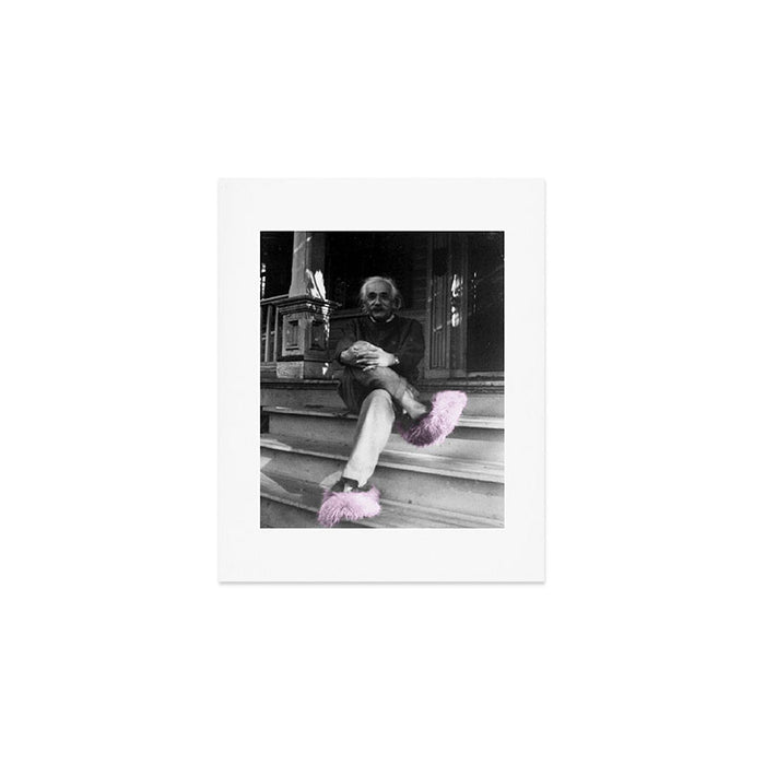 Satirical Einstein in Fuzzy Pink Slippers Classic E = mc² Black and White Satirical Photography  Art Print Gallery Image 1