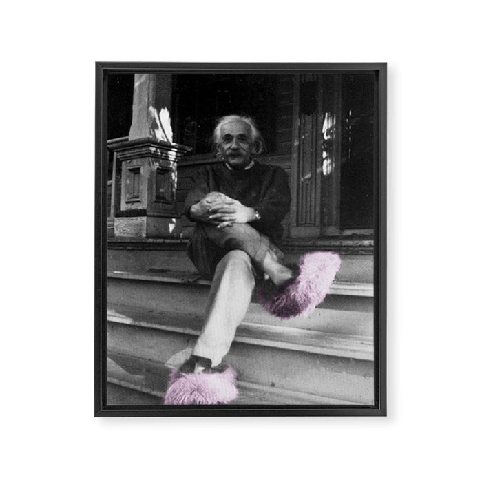 Satirical Einstein in Fuzzy Pink Slippers Classic E = mc² Black and White Satirical Photography  Framed Canvas Print Gallery Image 1