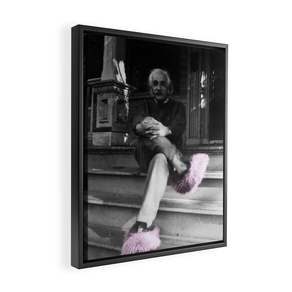 Satirical Einstein in Fuzzy Pink Slippers Classic E = mc² Black and White Satirical Photography  Framed Canvas Print Gallery Image 2