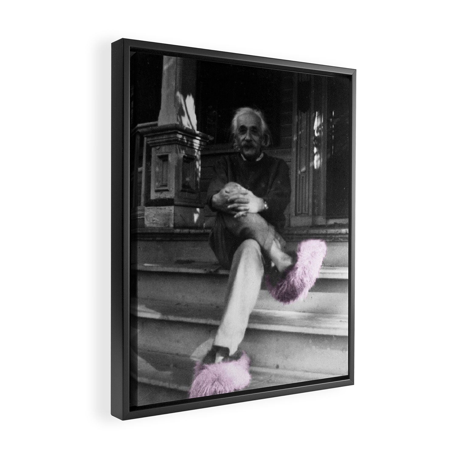 Satirical Einstein in Fuzzy Pink Slippers Classic E = mc² Black and White Satirical Photography  Framed Canvas Print Gallery Image 2