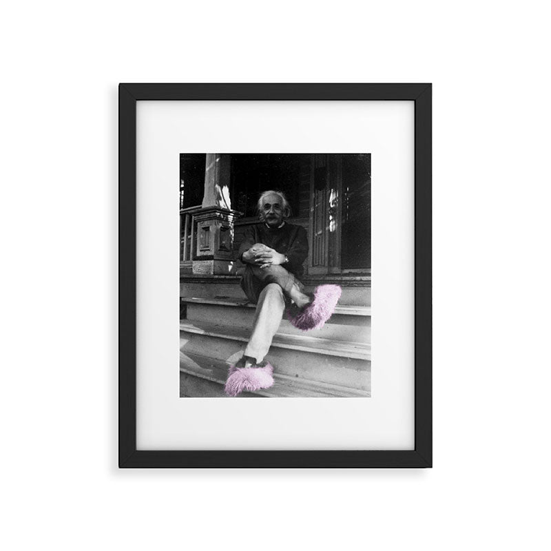Satirical Einstein in Fuzzy Pink Slippers Classic E = mc² Black and White Satirical Photography  Framed Art Print Gallery Image 4