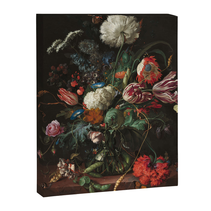 Still Life Parrot Tulips, Peonies, Hibiscus, Hydranga, Periwinkle Flowers in Vase by Jan de Heem Canvas Print Gallery Image 1