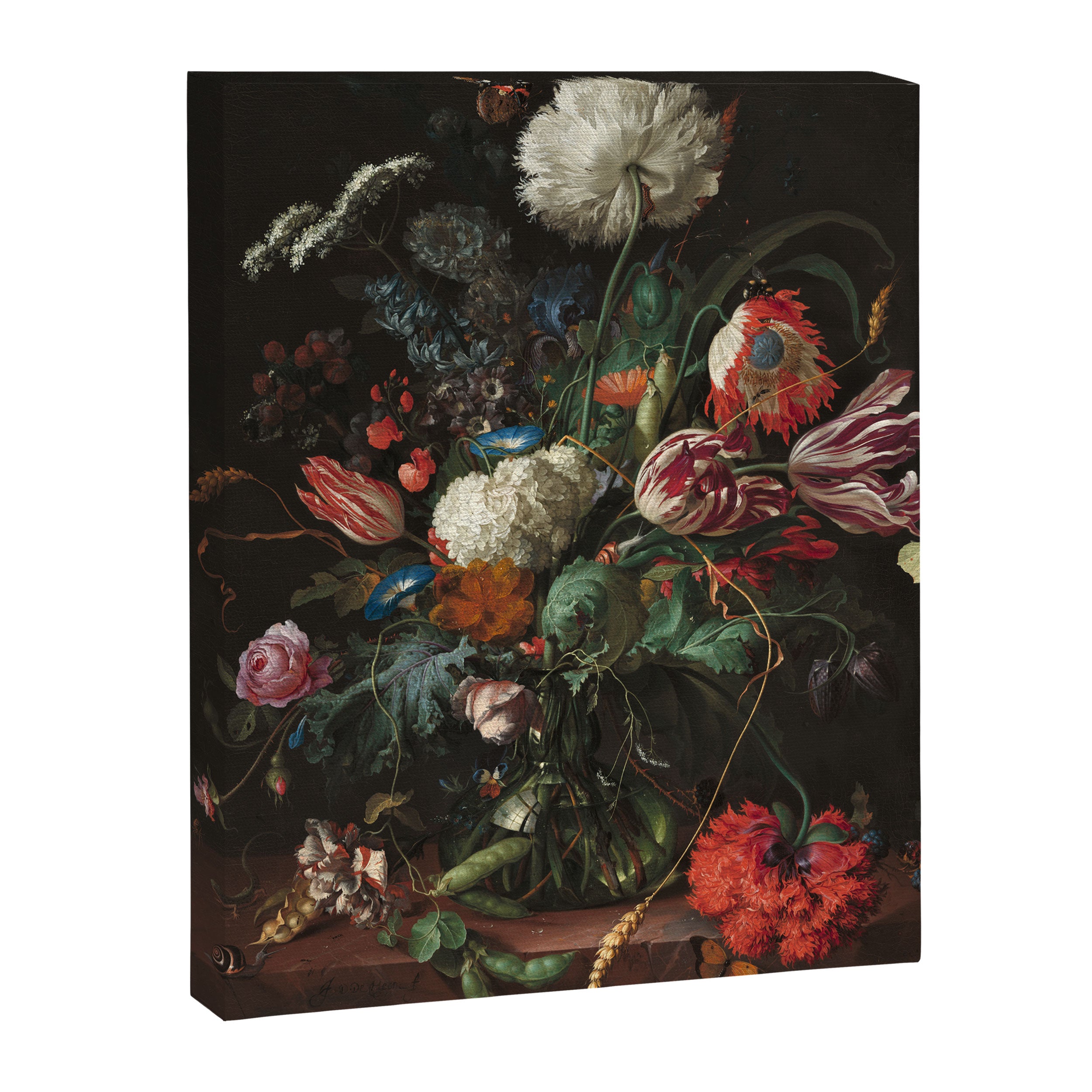 Still Life Parrot Tulips, Peonies, Hibiscus, Hydranga, Periwinkle Flowers in Vase by Jan de Heem Canvas Print Gallery Image 8