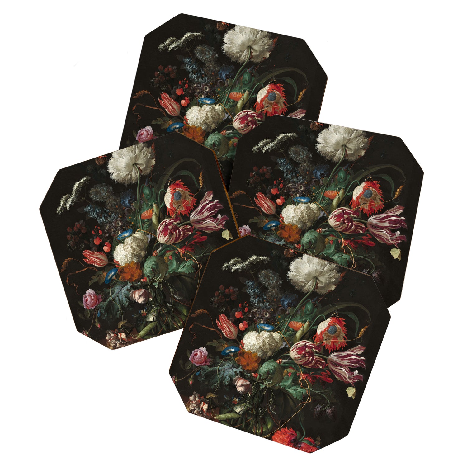 Still Life Parrot Tulips, Peonies, Hibiscus, Hydranga, Periwinkle Flowers in Vase by Jan de Heem Coaster Gallery Image 1