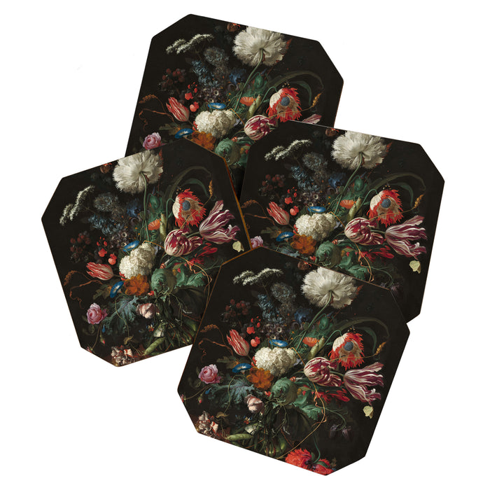 Still Life Parrot Tulips, Peonies, Hibiscus, Hydranga, Periwinkle Flowers in Vase by Jan de Heem Coaster Gallery Image 1