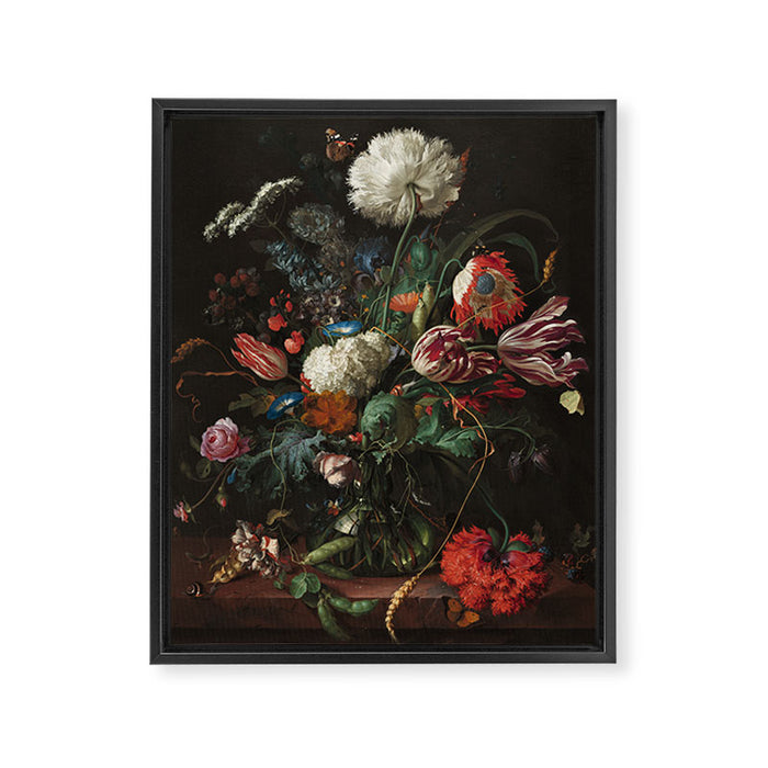 Still Life Parrot Tulips, Peonies, Hibiscus, Hydranga, Periwinkle Flowers in Vase by Jan de Heem Framed Canvas Print Gallery Image 1