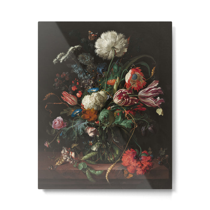 Still Life Parrot Tulips, Peonies, Hibiscus, Hydranga, Periwinkle Flowers in Vase by Jan de Heem Metal Print Gallery Image 1