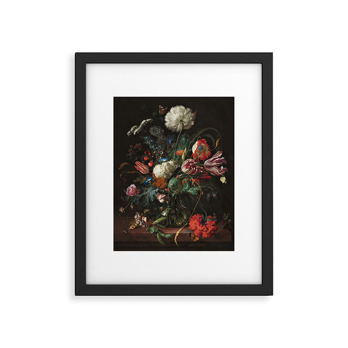 Still Life Parrot Tulips, Peonies, Hibiscus, Hydranga, Periwinkle Flowers in Vase by Jan de Heem Framed Art Print Gallery Image 1