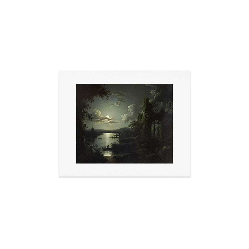 The Beautiful Ruins, Boats on a Moonlit Lake with Gothic Church landscape painting by Sebastian Pether Art Print Gallery Image 1