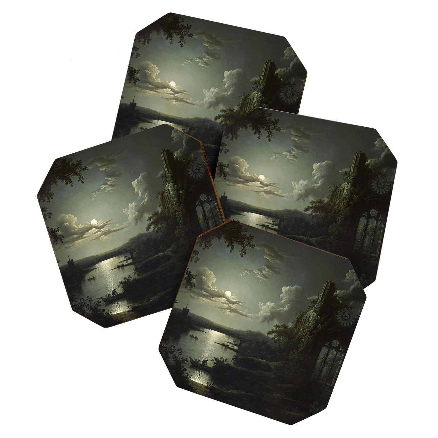 The Beautiful Ruins, Boats on a Moonlit Lake with Gothic Church landscape painting by Sebastian Pether Coaster Gallery Image 1