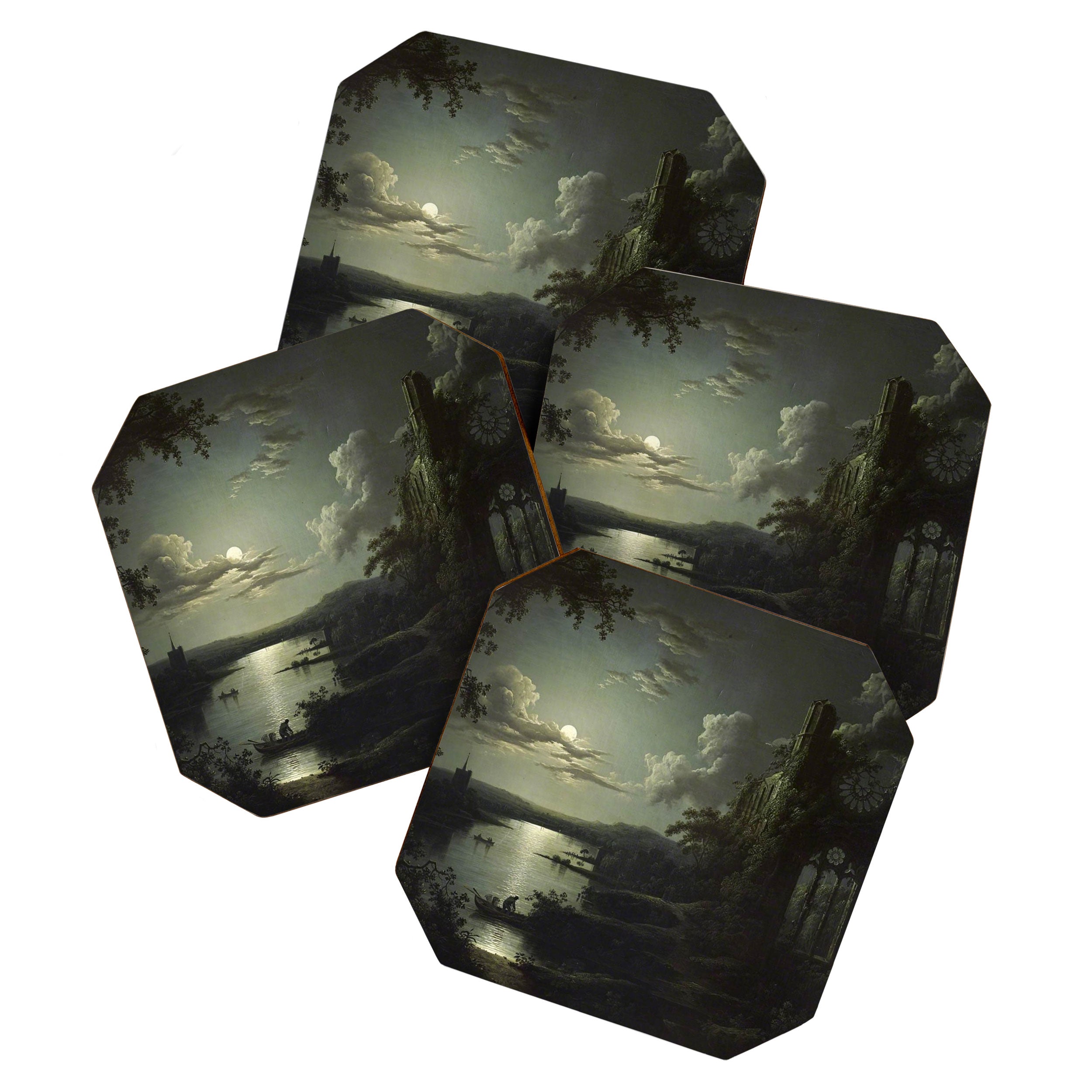 The Beautiful Ruins, Boats on a Moonlit Lake with Gothic Church landscape painting by Sebastian Pether Coaster Gallery Image 1