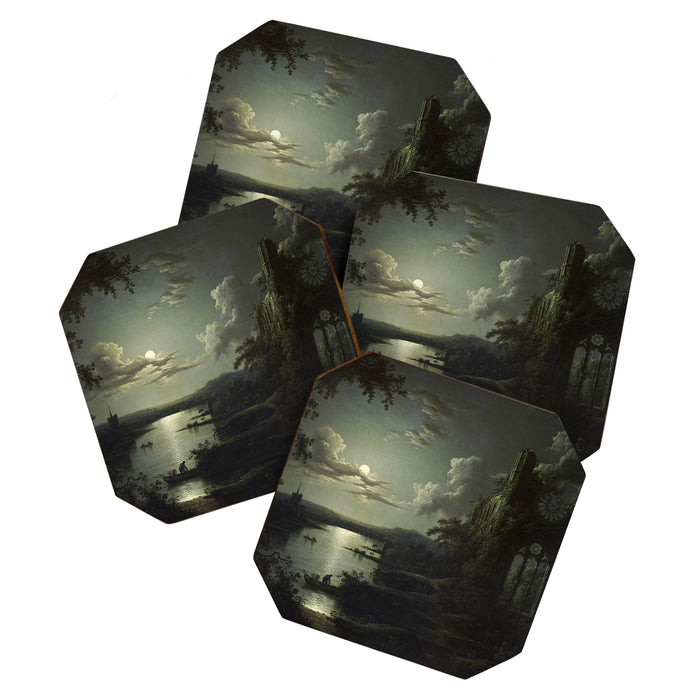 The Beautiful Ruins, Boats on a Moonlit Lake with Gothic Church landscape painting by Sebastian Pether Coaster Gallery Image 1