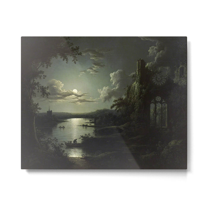 The Beautiful Ruins, Boats on a Moonlit Lake with Gothic Church landscape painting by Sebastian Pether Metal Print Gallery Image 1