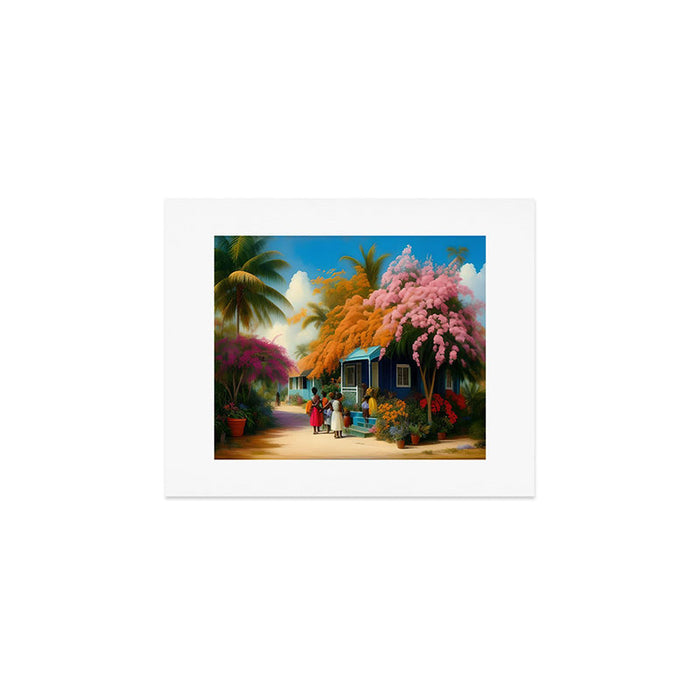 The Sunday Picnickers; tropical African American family landscape painting with flower blossoms and cottages  Art Print Gallery Image 1