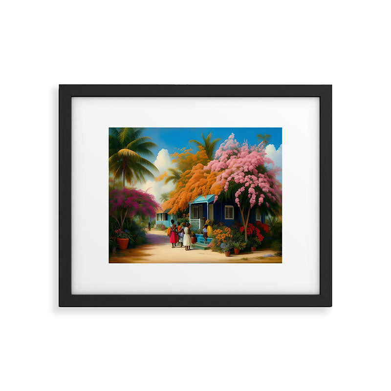 The Sunday Picnickers; tropical African American family landscape painting with flower blossoms and cottages  Framed Art Print Gallery Image 5