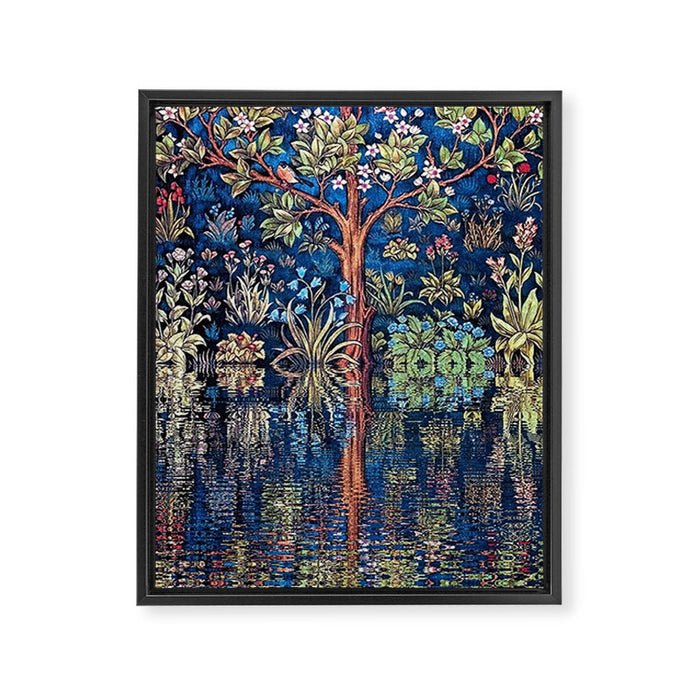Tree of Life reflecting water of garden lily pond twilight blue nature landscape painting Framed Canvas Print Gallery Image 1