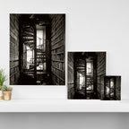 Trinity College, Dublin, Ireland, iron spiral stairs in Library College Long Room black and white photograph Canvas Print Gallery Image 3