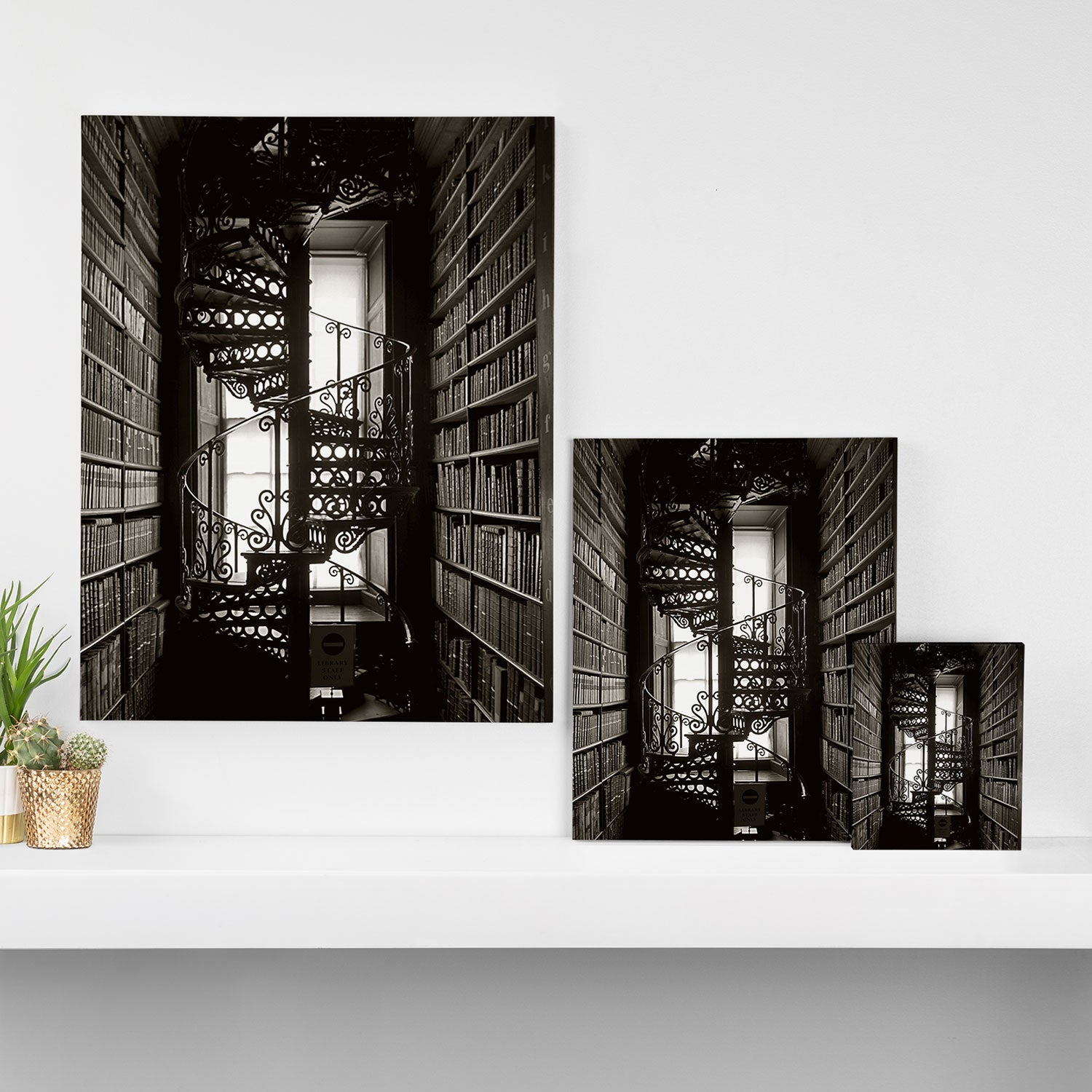 Trinity College, Dublin, Ireland, iron spiral stairs in Library College Long Room black and white photograph Canvas Print Gallery Image 3