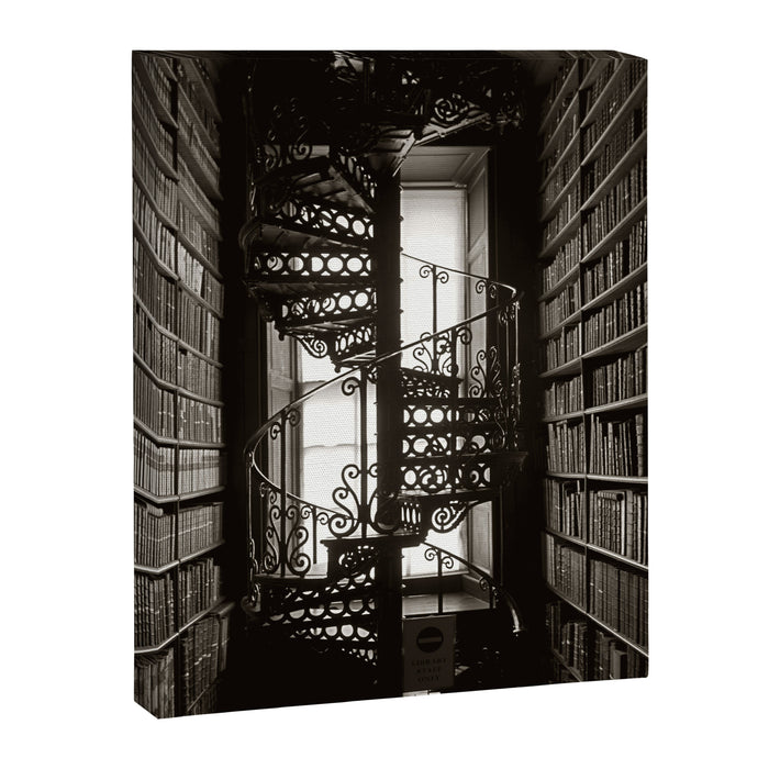 Trinity College, Dublin, Ireland, iron spiral stairs in Library College Long Room black and white photograph Canvas Print Gallery Image 1
