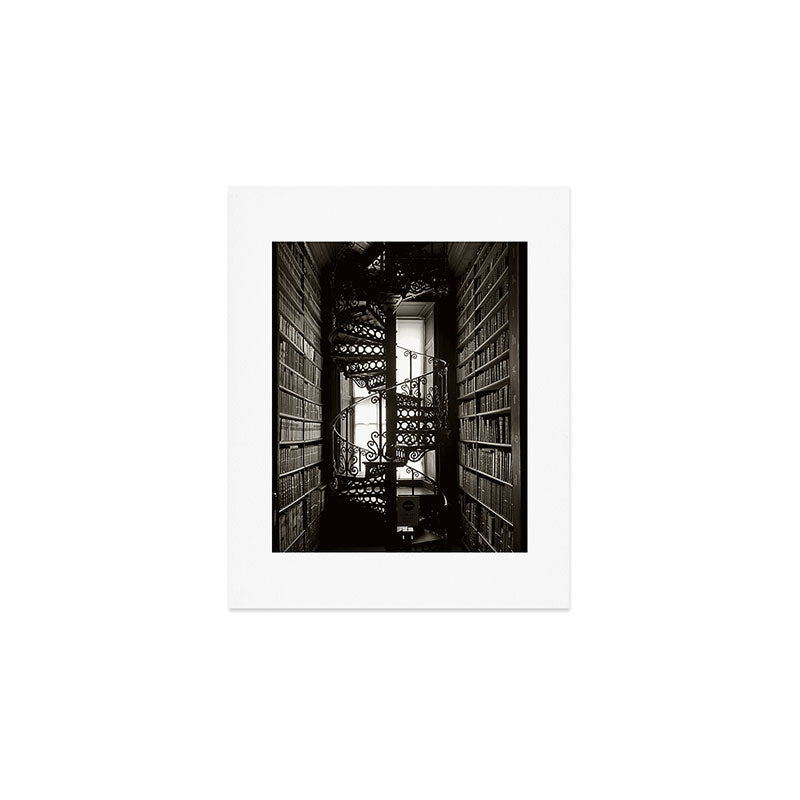 Trinity College, Dublin, Ireland, iron spiral stairs in Library College Long Room black and white photograph Art Print Gallery Image 1