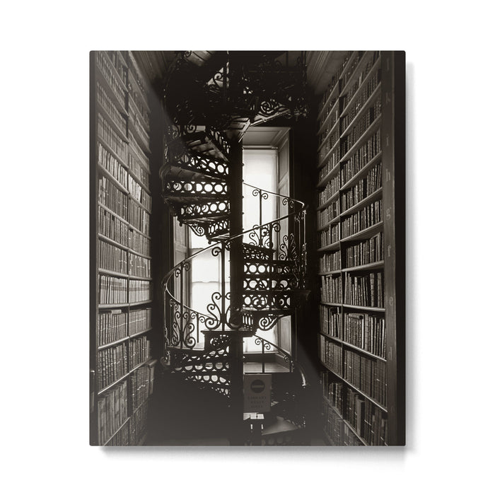 Trinity College, Dublin, Ireland, iron spiral stairs in Library College Long Room black and white photograph Metal Print Gallery Image 1