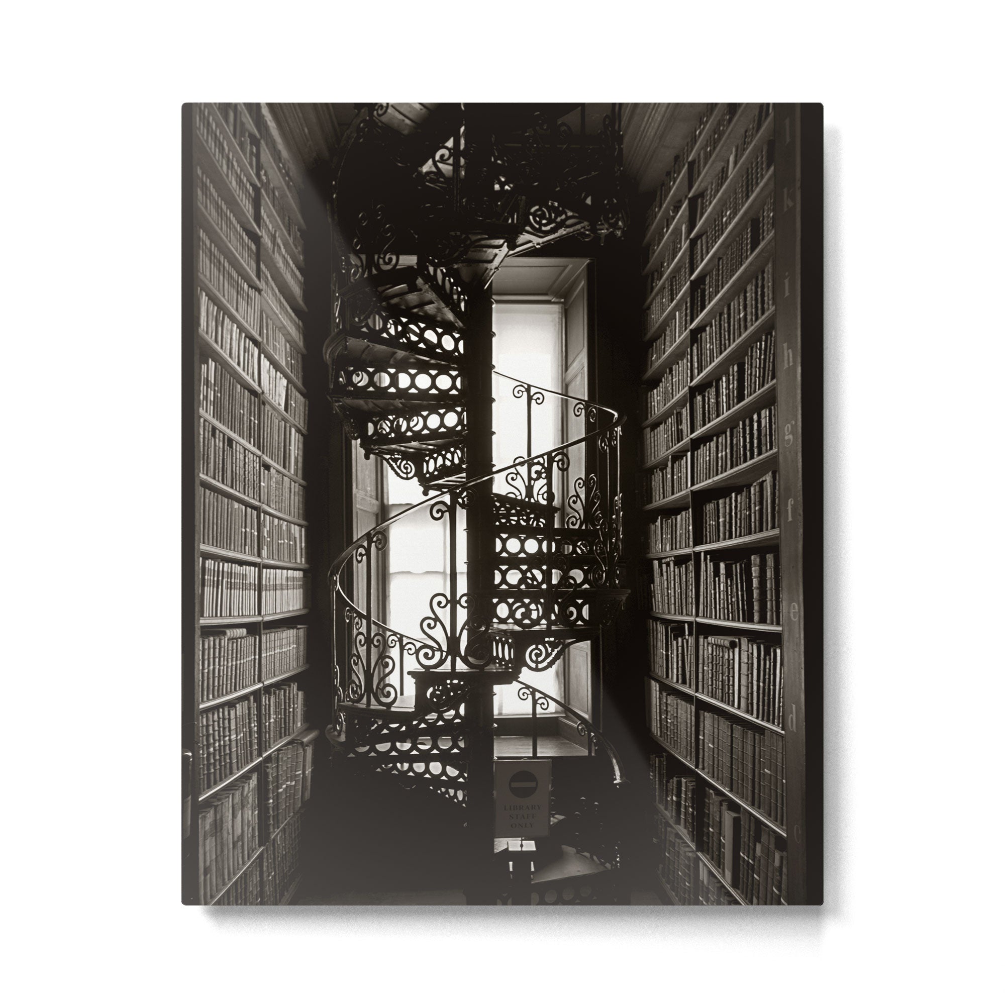 Trinity College, Dublin, Ireland, iron spiral stairs in Library College Long Room black and white photograph Metal Print Gallery Image 6
