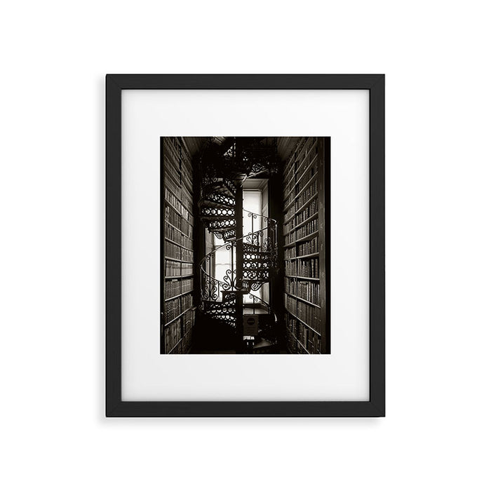Trinity College, Dublin, Ireland, iron spiral stairs in Library College Long Room black and white photograph Framed Art Print Gallery Image 1