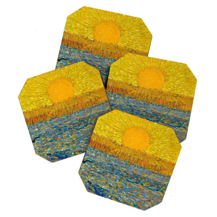 Van Gogh Sunrise over golden fields of wheat; Provence, France landscape painting Coaster Gallery Image 1