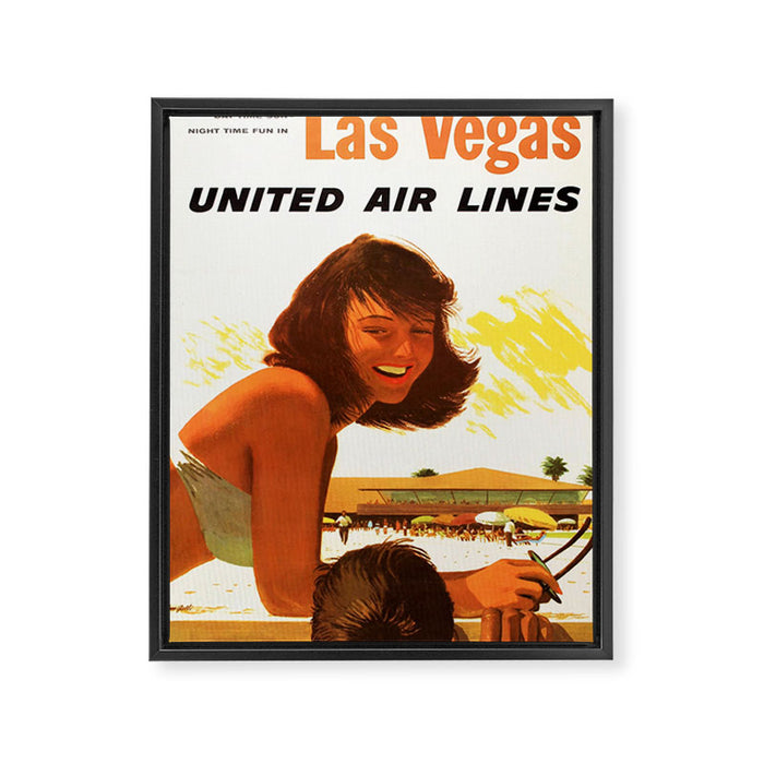 Vintage Las Vegas United Air Lines Travel Poster "Day Time Sun Night Time Fun" Framed Canvas Print Gallery Image 1