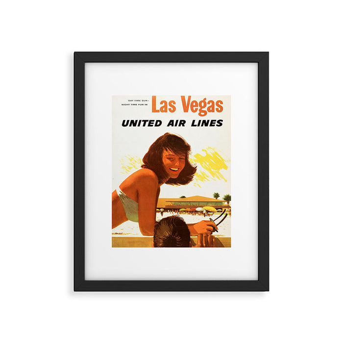 Vintage Las Vegas United Air Lines Travel Poster "Day Time Sun Night Time Fun" Framed Art Print Gallery Image 1