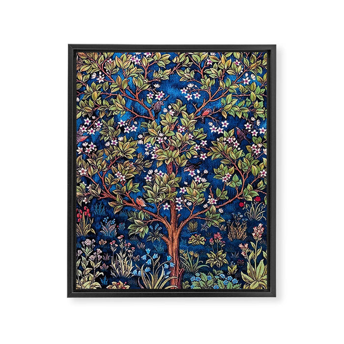 William Morris Tree of Life Blue Twilight floral textile 19th century pattern print for drapes, curtains, pillows, duvets, comforters, and home and wall decor Framed Canvas Print Gallery Image 1