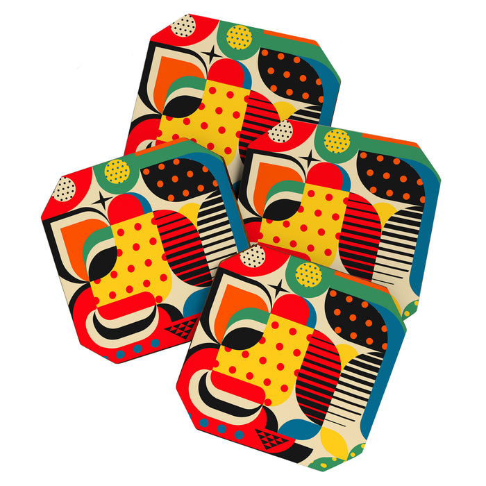 Colorful Happy Mood- Folk Art Style - Geometric Abstract Illustration - Jen Du Coaster Gallery Image 1