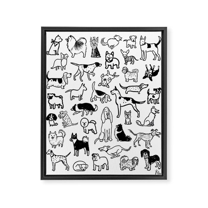 Black and White Dog Drawings | Cute Dog Breeds Pattern Framed Canvas Print Gallery Image 1